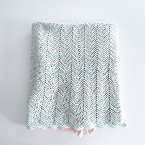 Granny Blanket Throw Crochet Knit Striped Pastel Bue/Green Peach Size 46.5x79